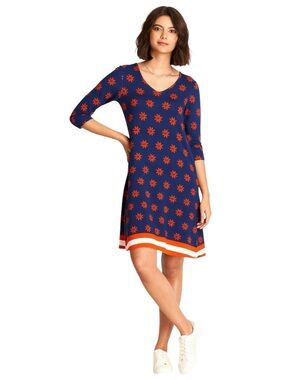 Hatley Elise Dress 3/4 Sleeve V Neck Floral Print Stretch Small Navy Blue Orange